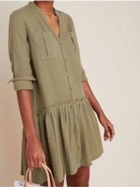 Anthropologie Olive Green Button-Front Tiered Mini Dress